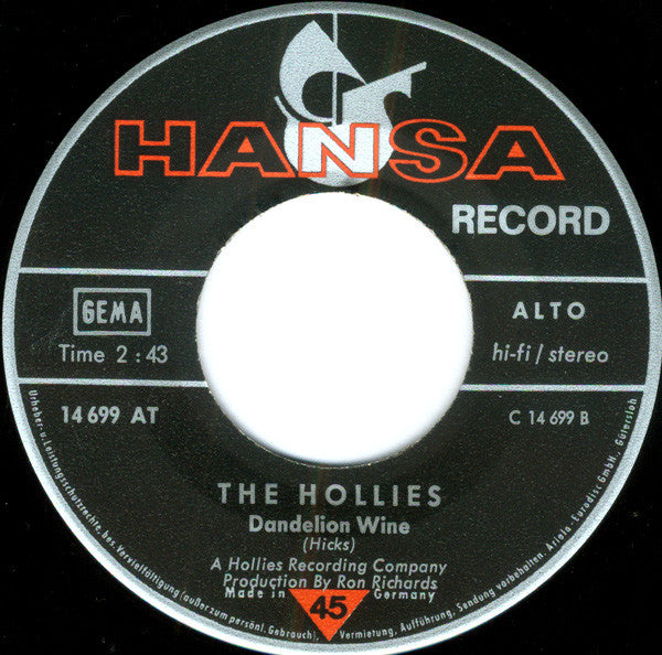 The Hollies : Gasoline Alley Bred / Dandelion Wine (7", Single)