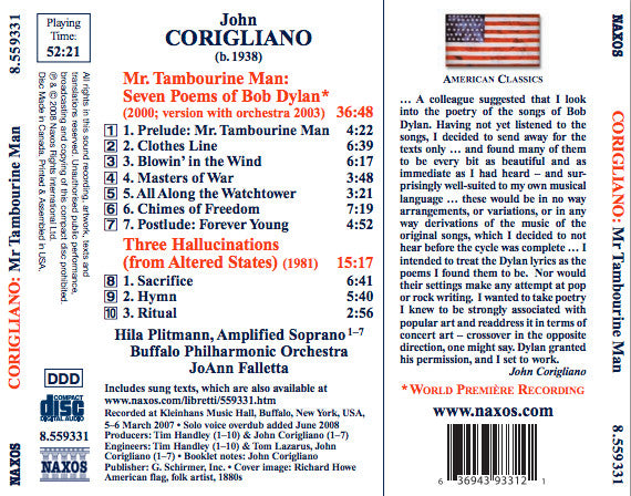 John Corigliano, JoAnn Falletta, Hila Plitmann, Buffalo Philharmonic Orchestra : Mr. Tambourine Man: Seven Poems Of Bob Dylan / Three Hallucinations (CD, Album)