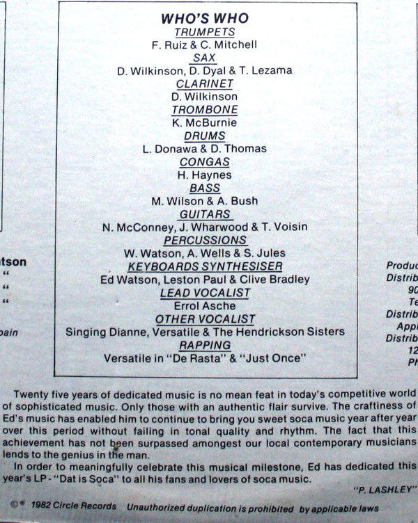 Ed Watson And The Brass Circle : Dat Is Soca (LP, Album)