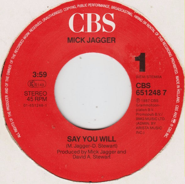Mick Jagger : Say You Will (7", Single)