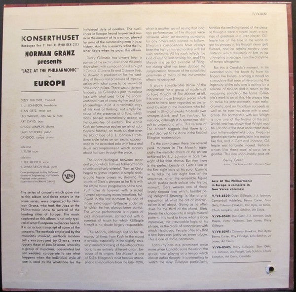 Dizzy Gillespie / J.J. Johnson / Stan Getz / Leo Wright / Art Davis / Chuck Lampkin / Lalo Schifrin / Candido : Jazz At The Philharmonic In Europe (LP, Album, Mono)