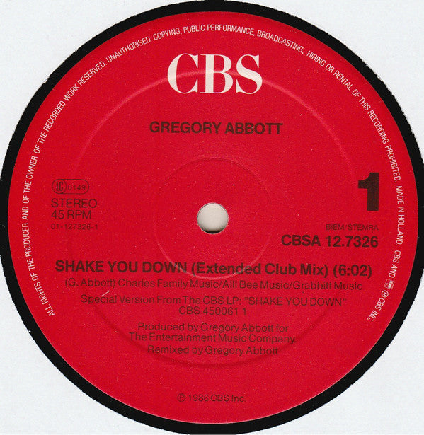 Gregory Abbott : Shake You Down (Extended Club Mix) (12", Maxi)
