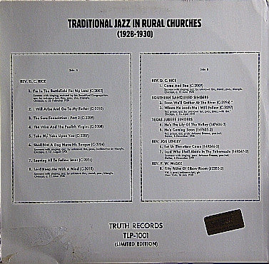 Various : Traditional Jazz In Rural Churches (1928-1930) (LP, Comp, Ltd)