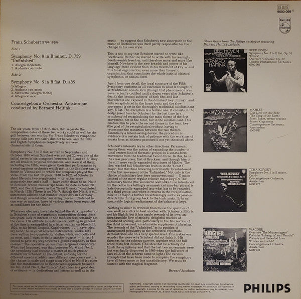 Franz Schubert - Concertgebouworkest, Bernard Haitink : Symphonies No. 5 And No. 8 «Unfinished» (LP)