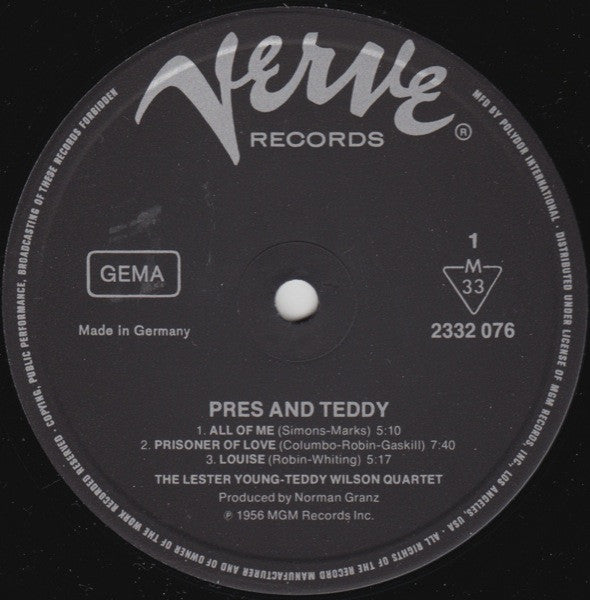 The Lester Young-Teddy Wilson Quartet : Pres And Teddy (LP, Mono, RE)