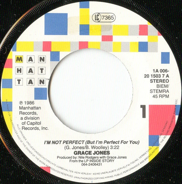 Grace Jones : I'm Not Perfect (But I'm Perfect For You) (7", Single)