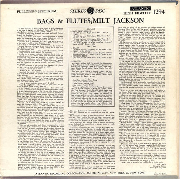 Milt Jackson : Bags & Flutes (LP, Album, RP)