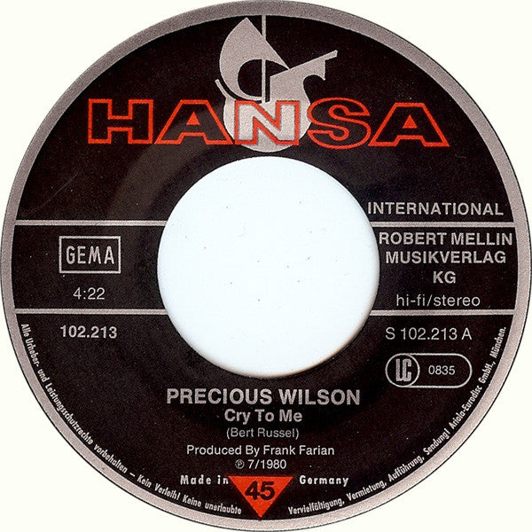 Precious Wilson : Cr-Cr-Cr-Cry To Me (7", Single)