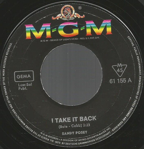 Sandy Posey : I Take It Back / The Boy I Love (7", Single)