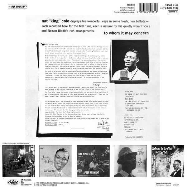 Nat King Cole : To Whom It May Concern (LP, Album, RE, RM)