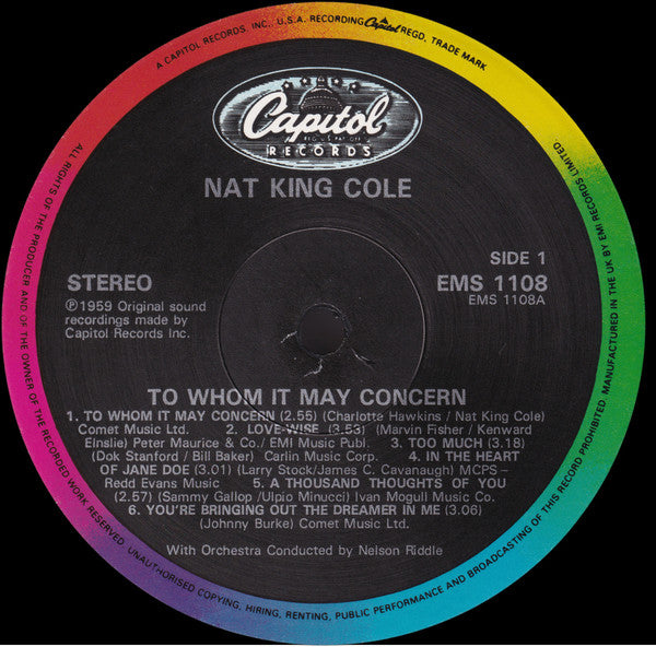 Nat King Cole : To Whom It May Concern (LP, Album, RE, RM)