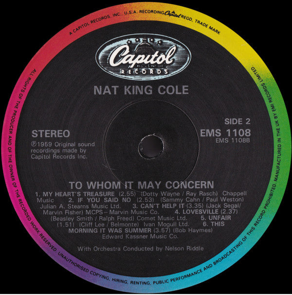 Nat King Cole : To Whom It May Concern (LP, Album, RE, RM)