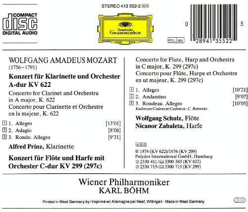 Wolfgang Amadeus Mozart - Alfred Prinz · Nicanor Zabaleta · Wolfgang Schulz (3), Wiener Philharmoniker · Karl Böhm : Klarinettenkonzert = Clarinet Concerto) / Konzert Für Flöte & Harfe = Concerto for Flute & Harp (CD, Comp, RE, PMD)
