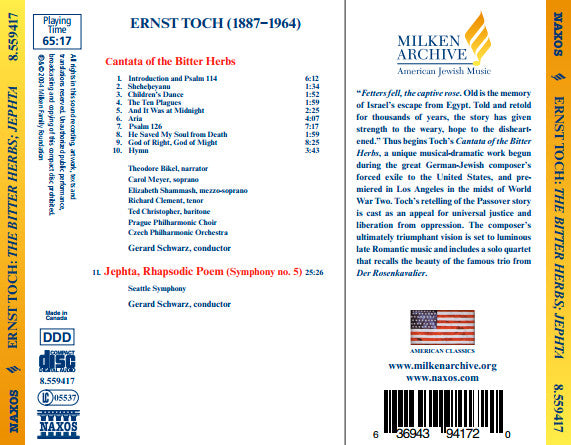 Ernst Toch, Theodore Bikel, Carol Meyer (2), Elizabeth Shammash, Richard Clement, Ted Christopher, Prague Philharmonic Chorus, The Czech Philharmonic Orchestra, Seattle Symphony Orchestra, Gerard Schwarz : Cantata Of The Bitter Herbs / Jephta, Rhapsodie Poem (Symphony No. 5) (CD, Album)