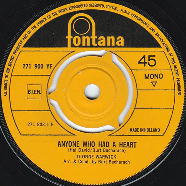 Dionne Warwick : Anyone Who Had A Heart / The Love Of A Boy (7", Single, Mono, Pus)
