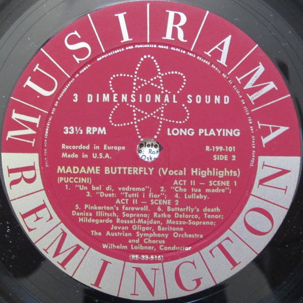 Giacomo Puccini - Daniza Ilitsch, Ratko Delorko Conductor: Wilhelm Loibner, Tonkünstler Orchestra And Der Tonkünstler-Chor : Madame Butterfly (Vocal Highlights) (LP)