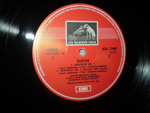 Alban Berg, Béla Bartók, Yehudi Menuhin, Pierre Boulez, BBC Symphony Orchestra : Berg: Violin Concerto / Bartók: Two Rhapsodies (LP, Album, RE)