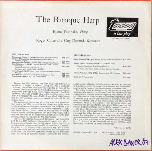 Elena Polonska, Roger Cotte And Guy Durand : The Baroque Harp (Purcell, Pachelbel, Seixas, Hotteterre, Dandrieu) (LP)