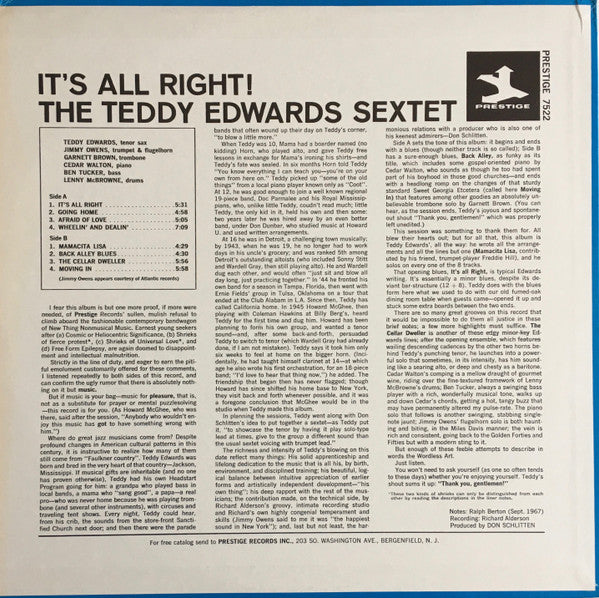 Teddy Edwards Sextet : It's All Right (LP, Album)