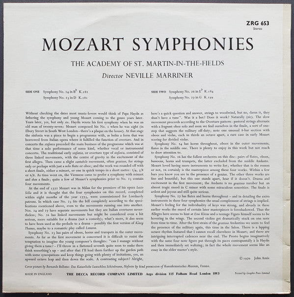 Wolfgang Amadeus Mozart, The Academy Of St. Martin-in-the-Fields Director Sir Neville Marriner : Symphonies 23 & 24, 26 & 27 (LP)