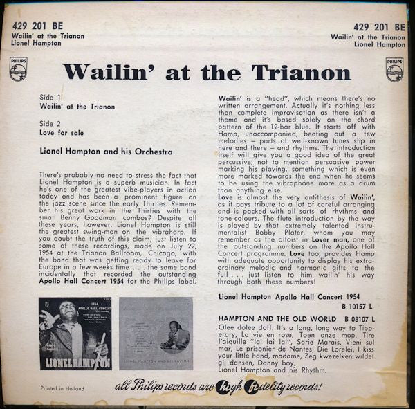 Lionel Hampton And His Orchestra : Wailin' At The Trianon (7", EP)