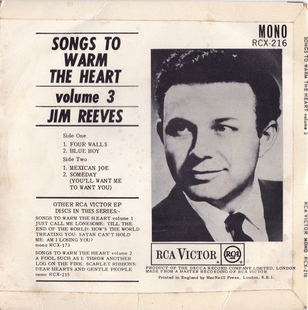 Jim Reeves : Songs To Warm The Heart Vol. 3 (7", EP, Mono)