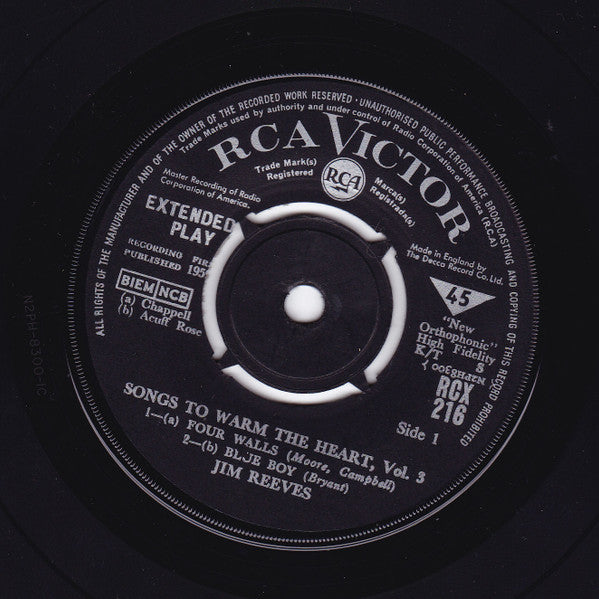 Jim Reeves : Songs To Warm The Heart Vol. 3 (7", EP, Mono)