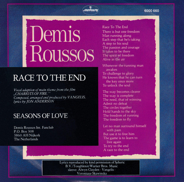 Demis Roussos : Race To The End (7", Single)