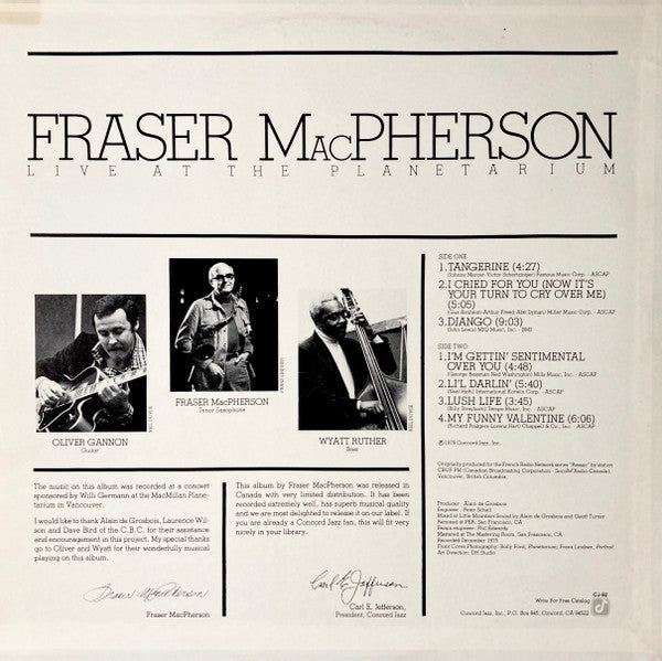 Fraser MacPherson : Live At The Planetarium (LP, Album)