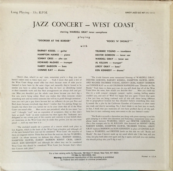 Dexter Gordon, Wardell Gray, Sonny Criss, Hampton Hawes, Barney Kessel, Howard McGhee, Al Killian : Jazz Concert - West Coast (LP, Album, Mono, RE)