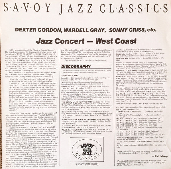 Dexter Gordon, Wardell Gray, Sonny Criss, Hampton Hawes, Barney Kessel, Howard McGhee, Al Killian : Jazz Concert - West Coast (LP, Album, Mono, RE)