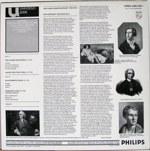 Wolfgang Amadeus Mozart, I Musici : Eine Kleine Nachtmusik; Adagio Und Fuge C-Moll KV546; Divertimento KV136; Serenata Notturna KV239 (LP)