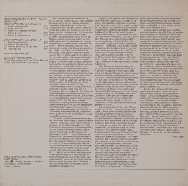 Felix Mendelssohn-Bartholdy / Juilliard String Quartet : Streichquartette Nr. 2 A-Moll Op. 13 + Nr. 3 D-Dur Op. 44,1 (LP, Album, RE)