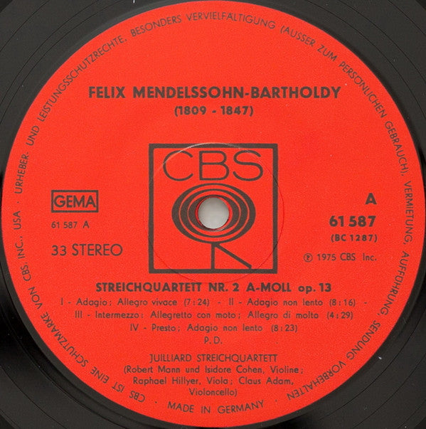 Felix Mendelssohn-Bartholdy / Juilliard String Quartet : Streichquartette Nr. 2 A-Moll Op. 13 + Nr. 3 D-Dur Op. 44,1 (LP, Album, RE)