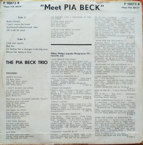 The Pia Beck Trio : Meet Pia Beck (10", Album)