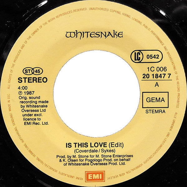Whitesnake : Is This Love (7", Single)