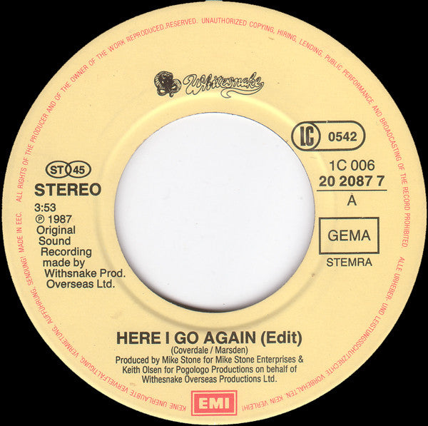 Whitesnake : Here I Go Again (7", Single)