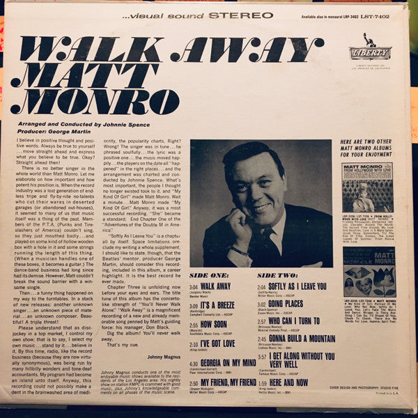 Matt Monro : Walk Away (LP, Album, Ind)