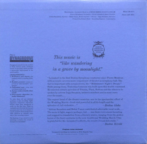 Felix Mendelssohn-Bartholdy, Boston Symphony Orchestra / Erich Leinsdorf : Incidental Music To A Midsummer Night's Dream (LP, Album)
