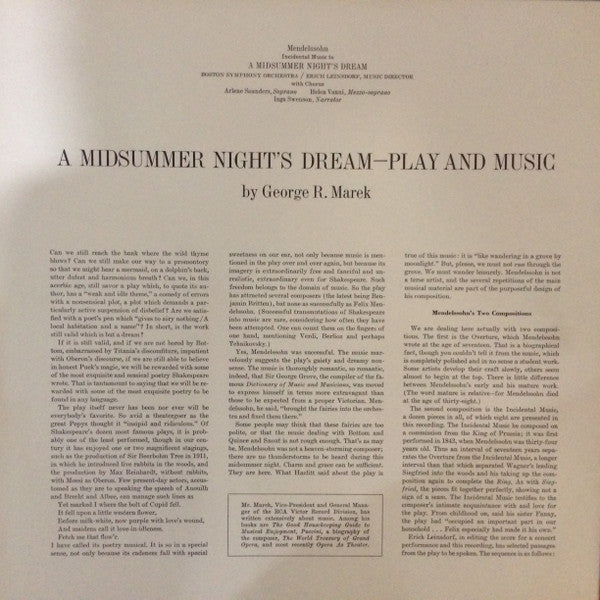 Felix Mendelssohn-Bartholdy, Boston Symphony Orchestra / Erich Leinsdorf : Incidental Music To A Midsummer Night's Dream (LP, Album)