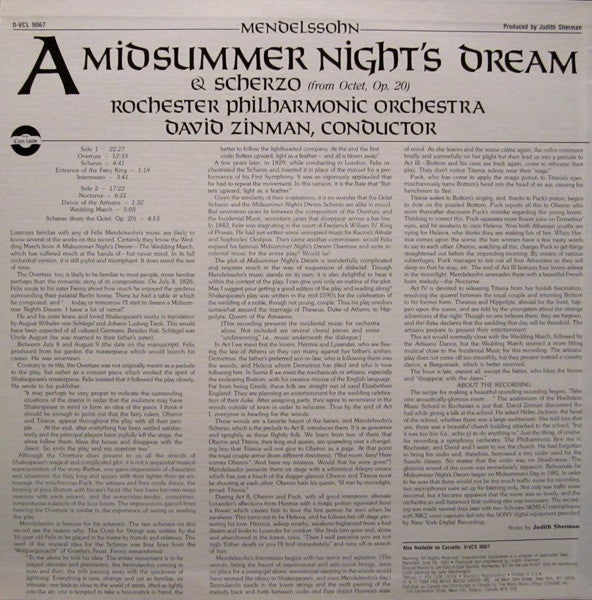 Felix Mendelssohn-Bartholdy, Rochester Philharmonic Orchestra, David Zinman : A Midsummer Night's Dream & Scherzo (From Octet, Op. 20) (LP, Album)