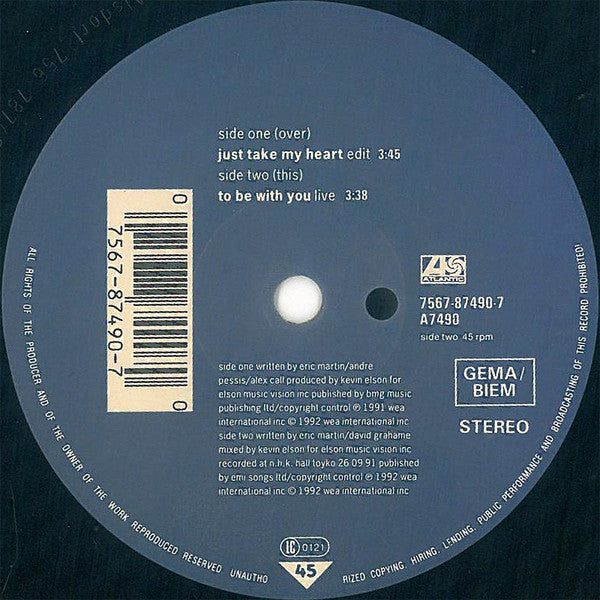 Mr. Big : Just Take My Heart b/w To Be With You (Live) (7", Single, Sol)