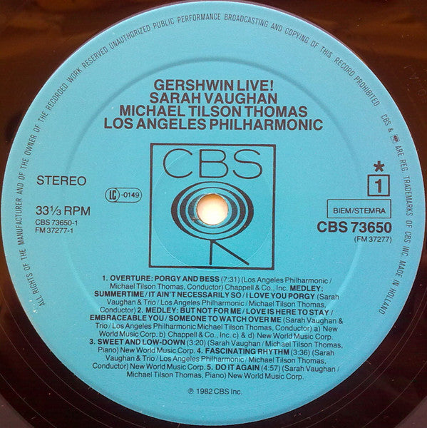 Michael Tilson Thomas, Sarah Vaughan, Los Angeles Philharmonic Orchestra : Gershwin Live! (LP, Album)