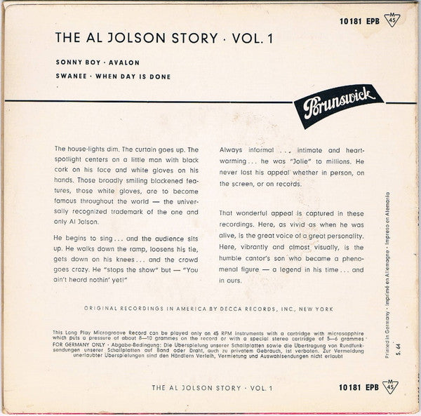 Al Jolson : The Al Jolson Story Vol. 1 (7", Mono)