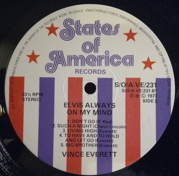 Vince Everett : Elvis Always On My Mind - The Legend Lives On (LP, Comp, Unofficial)