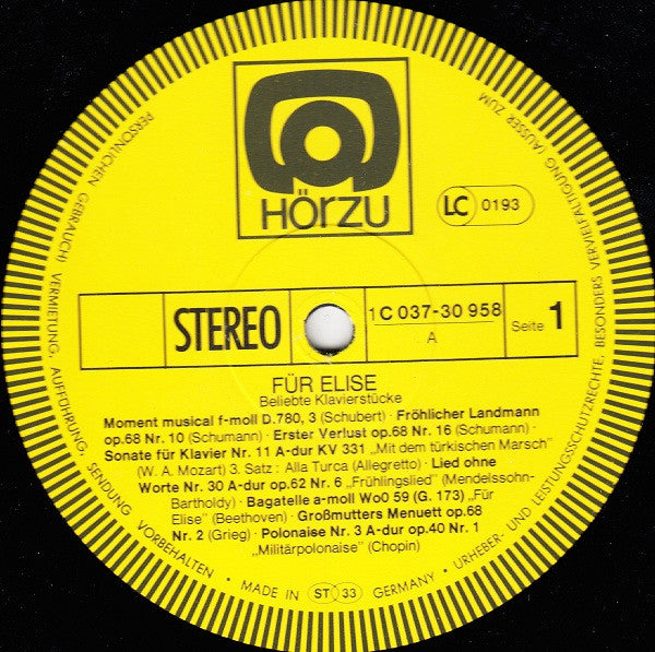 Various : Für Elise Beliebte Klavierstücke (LP, Comp)