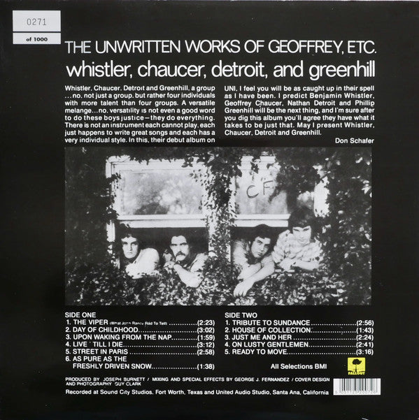 Whistler, Chaucer, Detroit, And Greenhill : The Unwritten Works Of Geoffrey, Etc. (LP, Ltd, Num, 180)