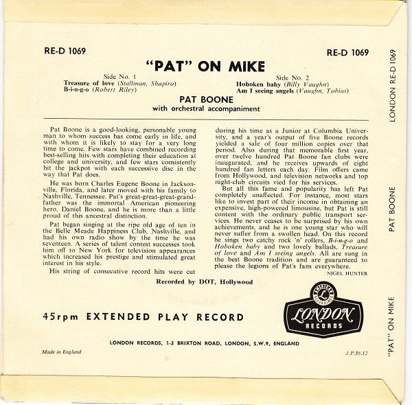 Pat Boone : "Pat" On Mike (7", EP, Mono)