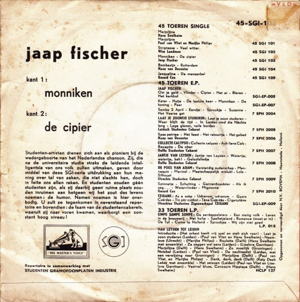 Jaap Fischer : Monniken (7", Single, 4-P)