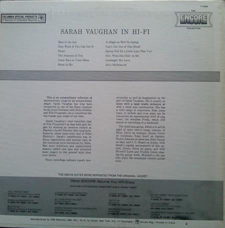 Sarah Vaughan : Sarah Vaughan In Hi-Fi (LP, Album, Mono, RE, Ter)